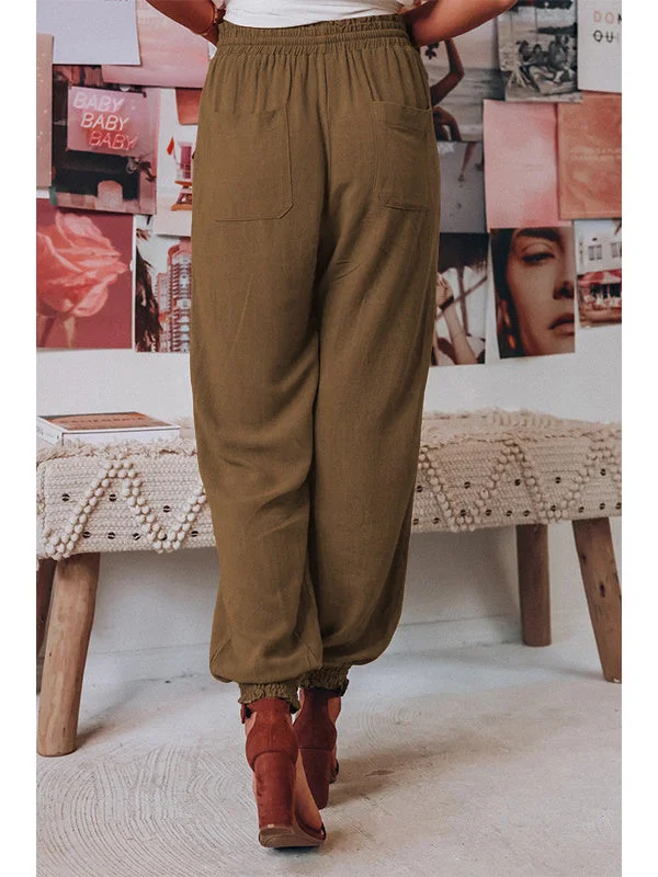 Women's Cotton Linen Solid Color Pockets Stitching Casual Pants