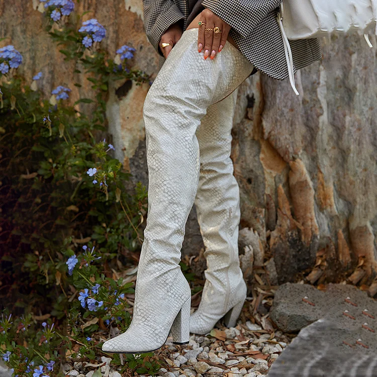 FSJ Ivory Pointed Toe Python Thigh High Boots with Block Heels |FSJ Shoes