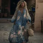 Vintage Floral Embroidered V Neck Casual Maxi Dress - Image 2