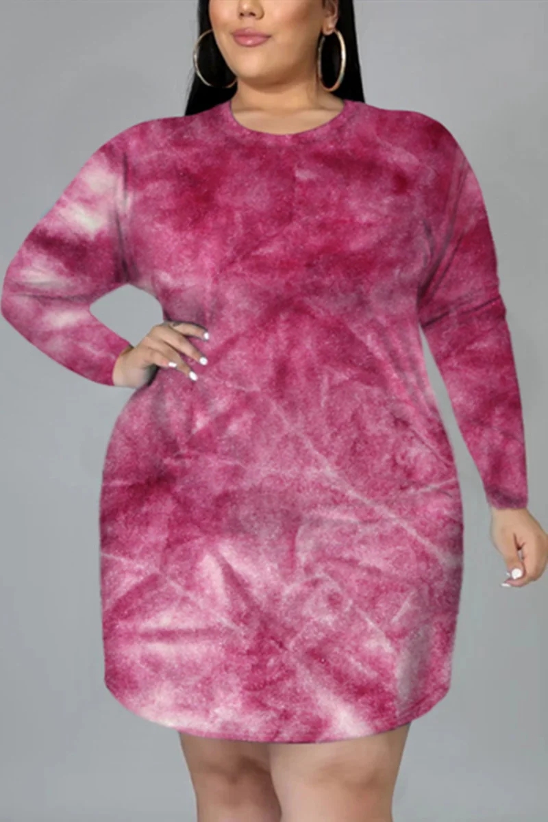 Red Fashion Casual O Neck Long Sleeve Regular Sleeve Print Printed Dress Plus Size | EGEMISS