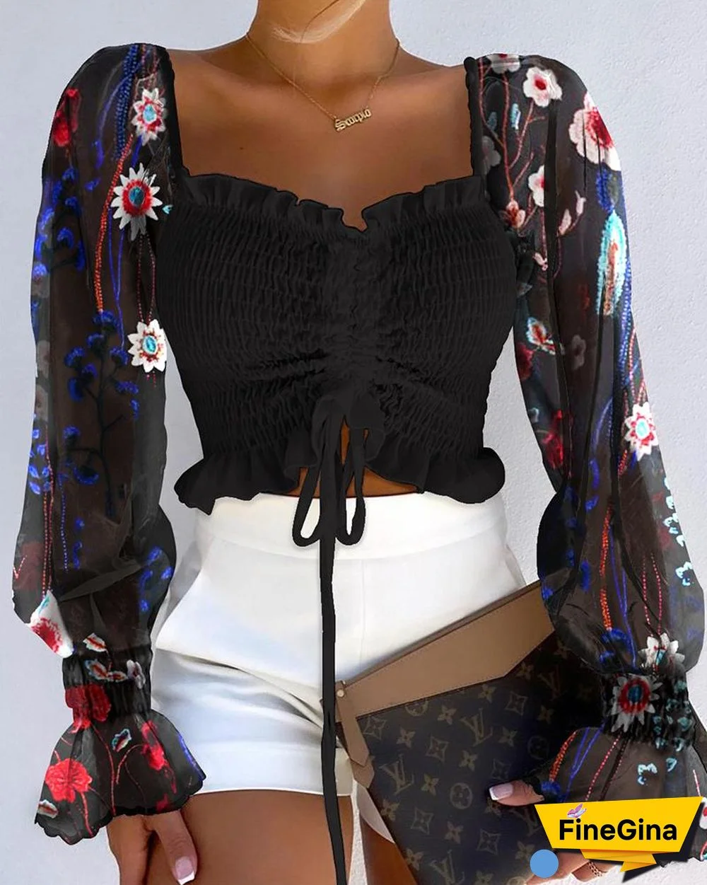 Floral Contrast Mesh Flounce Sleeve Frill Hem Drawstring Shirred Crop Top