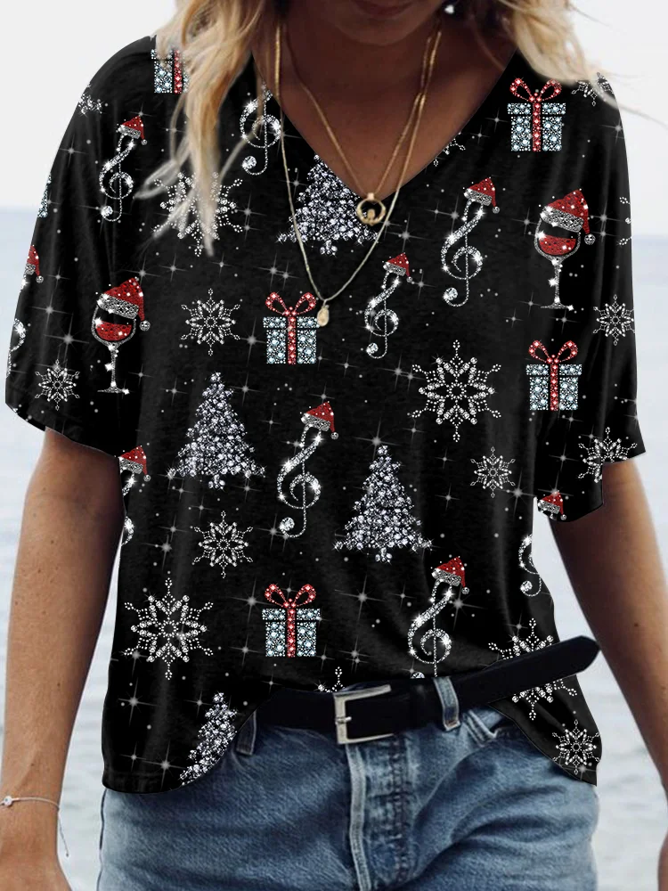 Comstylish Glitter Music Notes Snowflake Christmas V Neck T Shirt