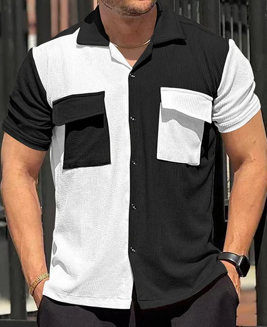 Casual Colorblock Lapel Collar Chest Pocket Short Sleeve Shirt 