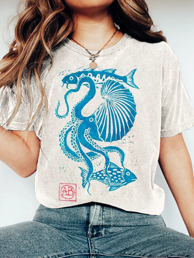 Ocean Animal Japanese Art Washed Cotton Short Sleeve T-Shirt