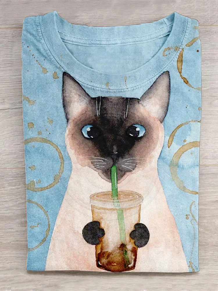 Funny Cute Cat Drink Coffee Art Print Design T-shirt