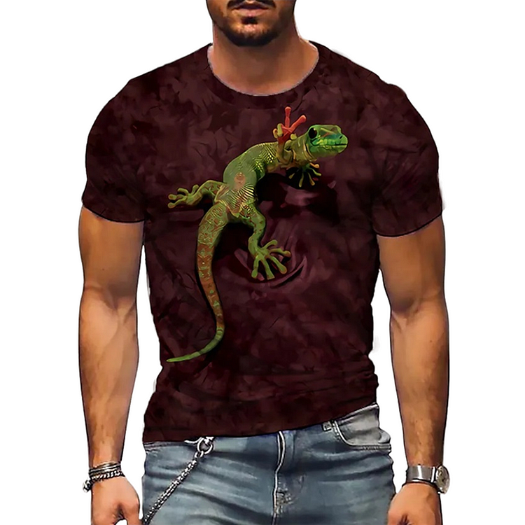 Casual 3D Funny Lizard Print Crew Neck Short Sleeve Men's T-Shirts at Hiphopee