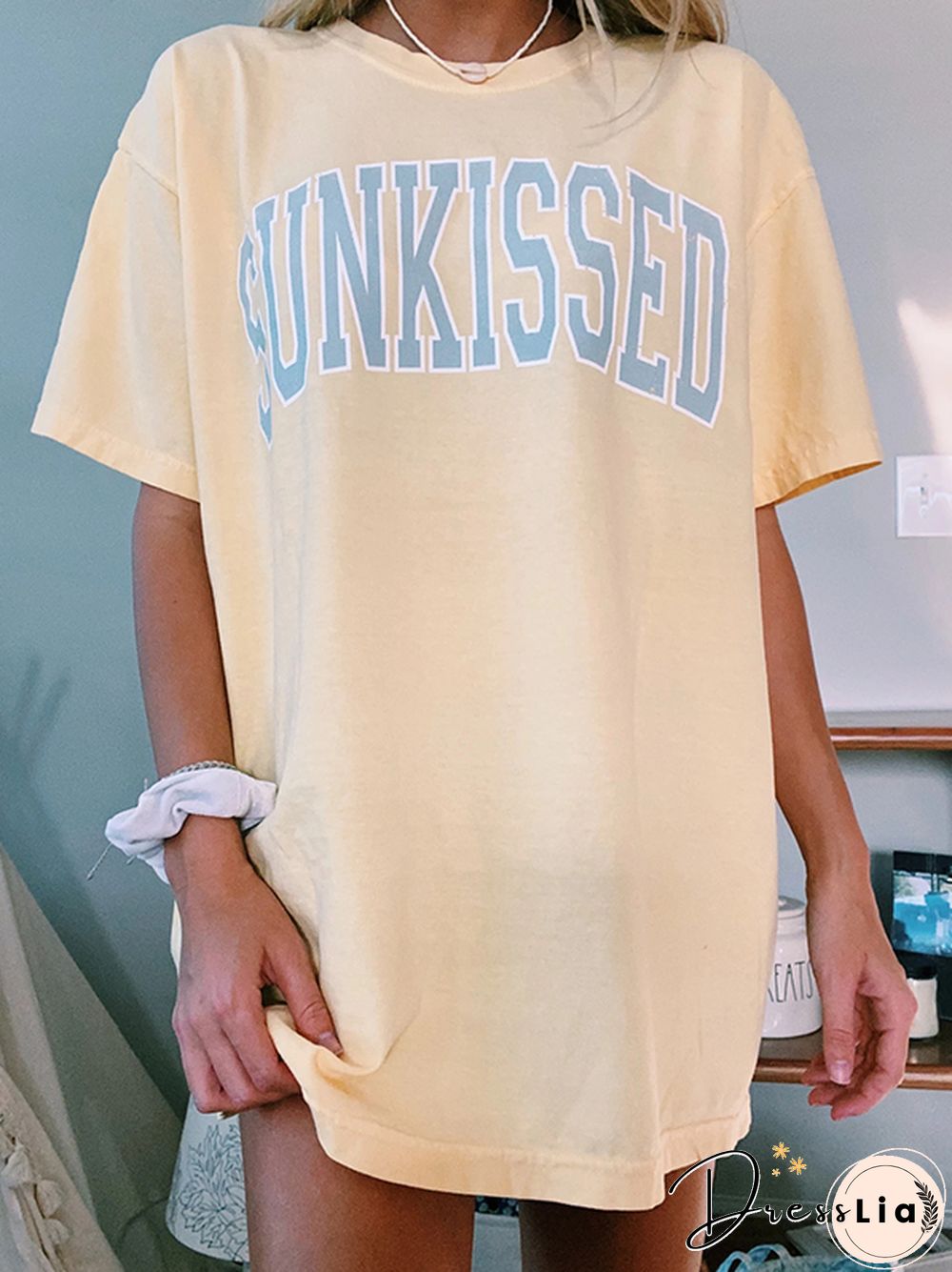 Round Neck Short Sleeve Letters Casual Tee