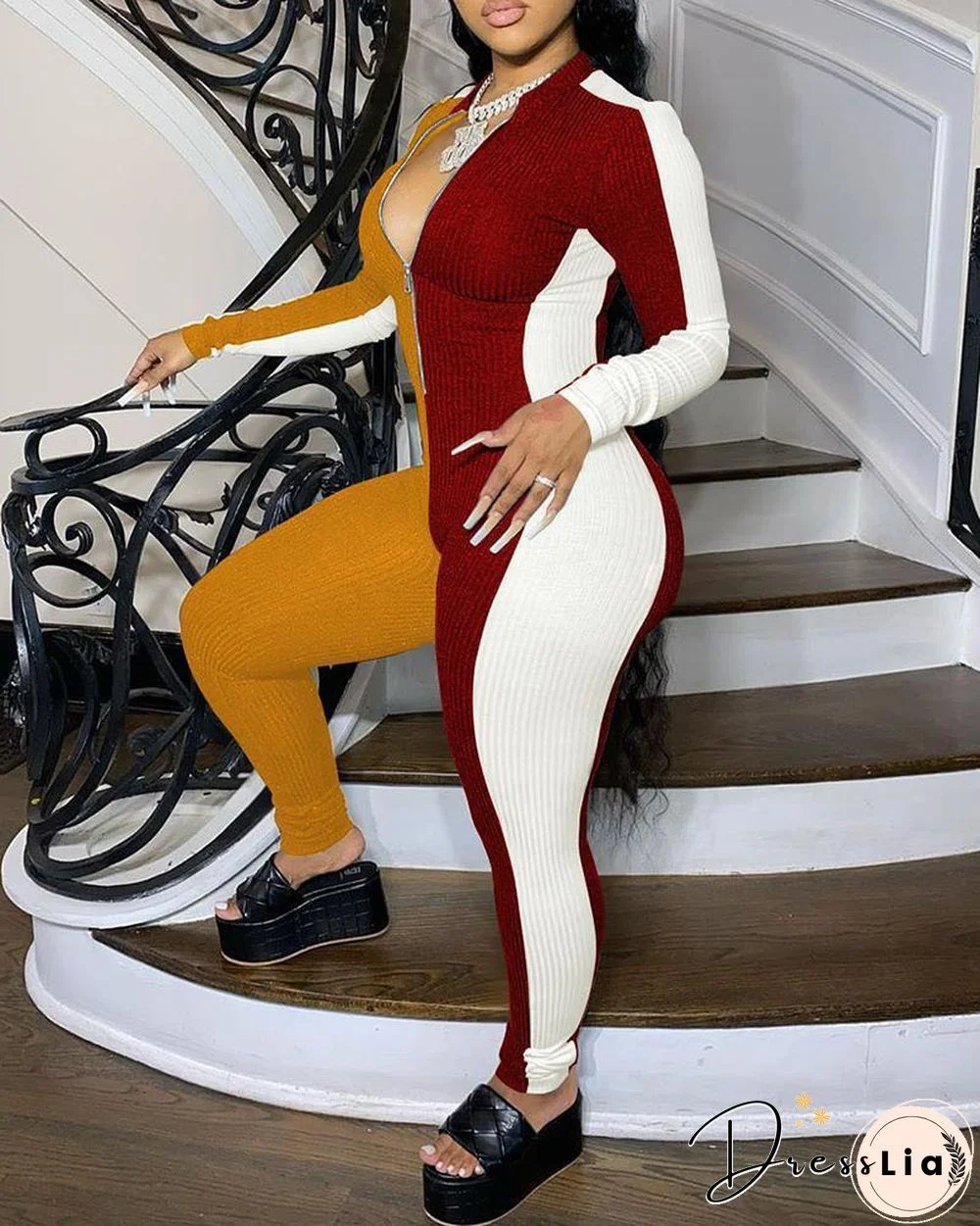 Colorblock Long Sleeve Skinny Jumpsuit P10960