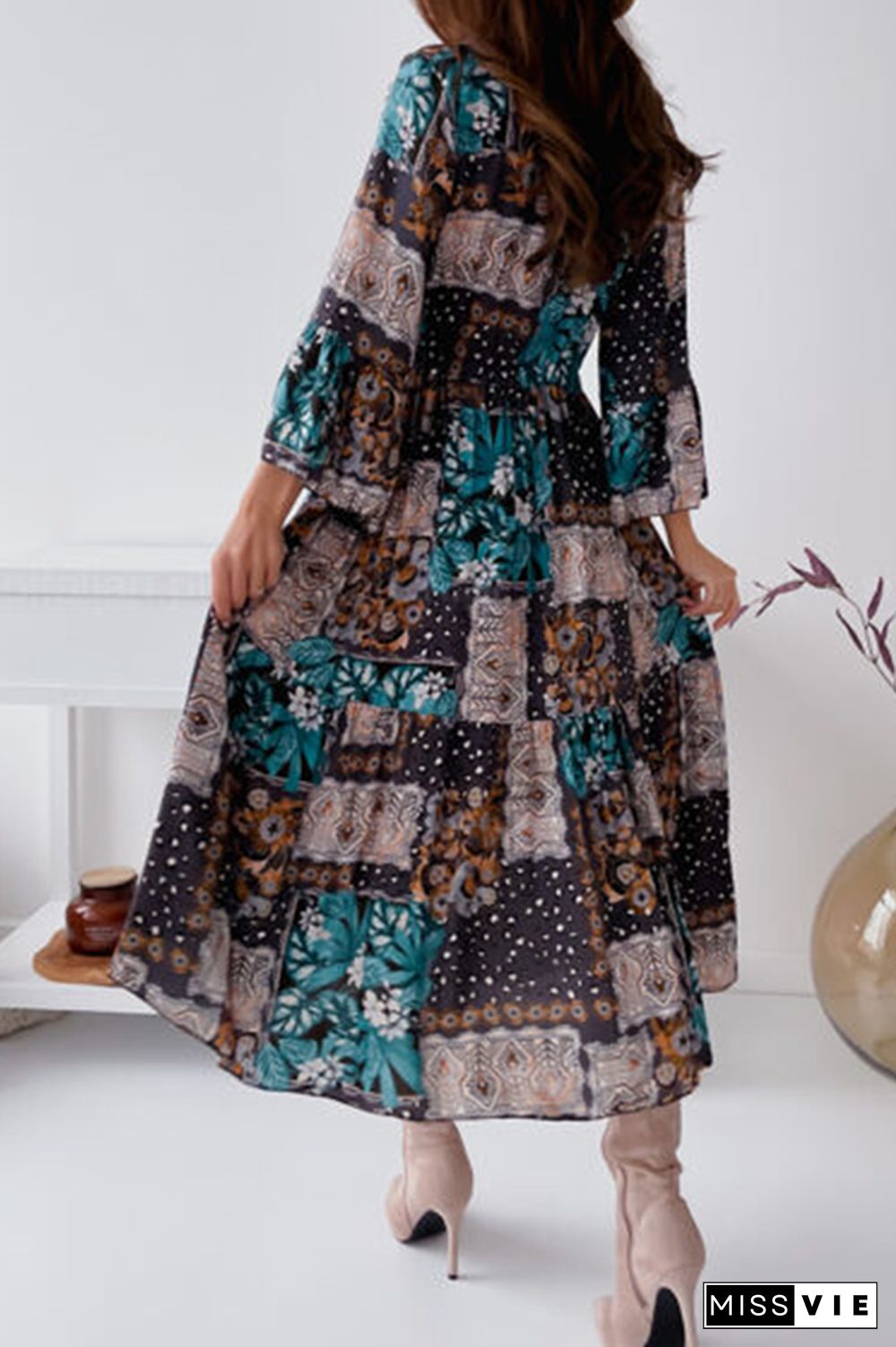 Elegant Print Buckle Flounce Mandarin Collar Dresses