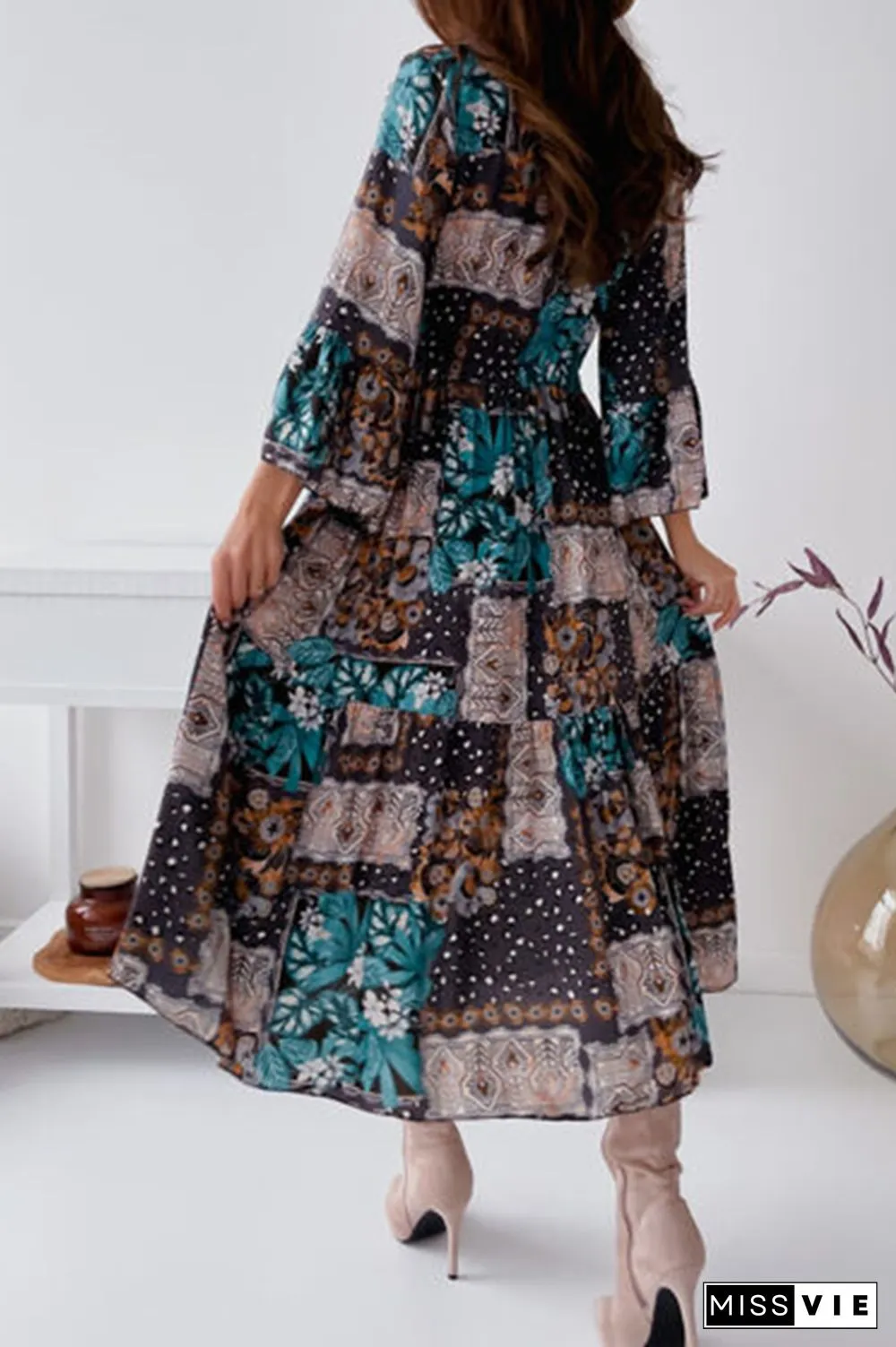 Elegant Print Buckle Flounce Mandarin Collar Dresses