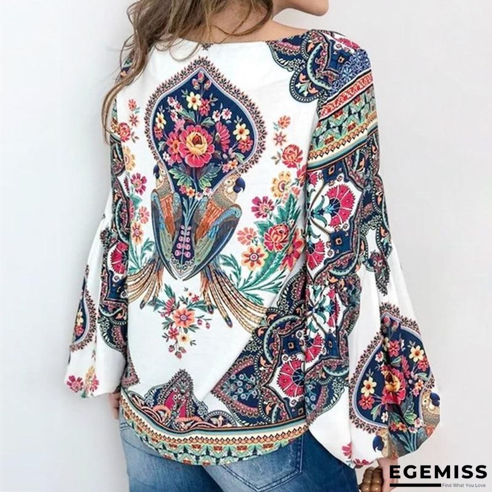 5XL Boho Floral Print Lantern Sleeve Shirt Sexy Lace-up Tassel O Neck Women Tops Blouse | EGEMISS