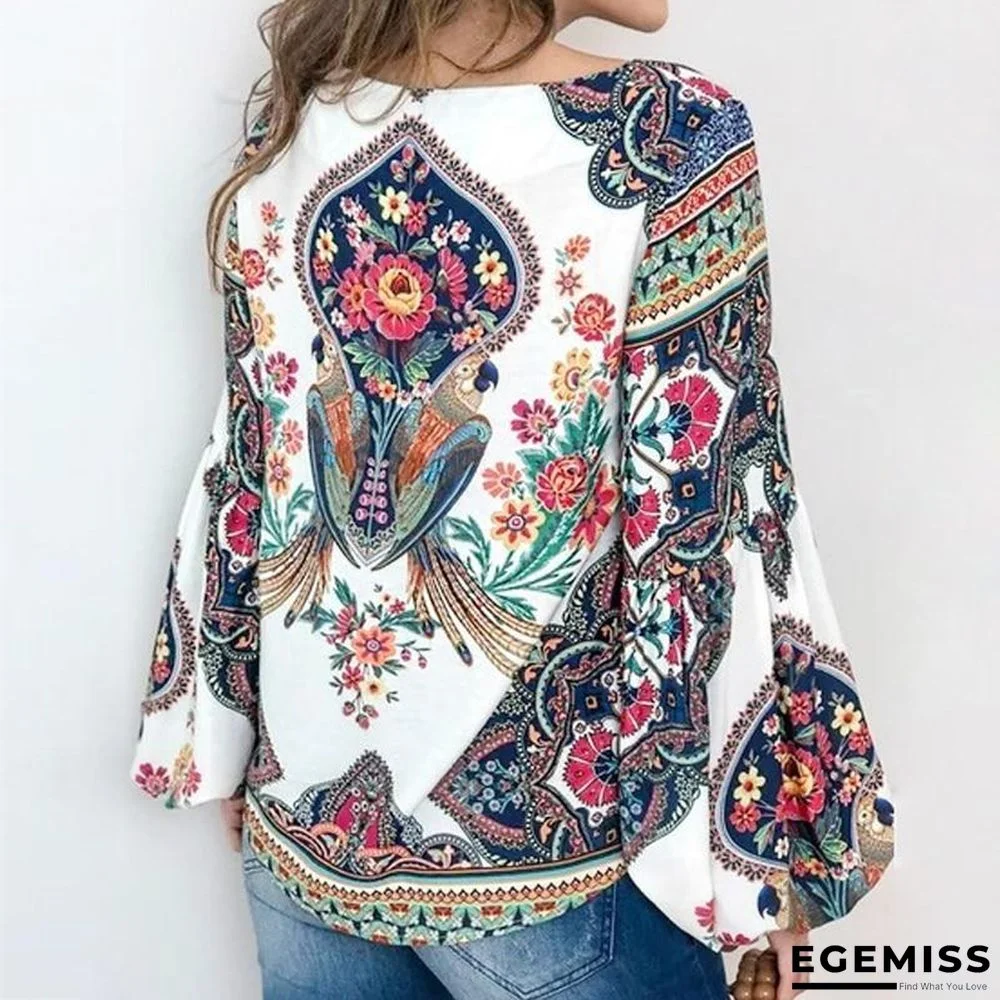 5XL Boho Floral Print Lantern Sleeve Shirt Sexy Lace-up Tassel O Neck Women Tops Blouse | EGEMISS