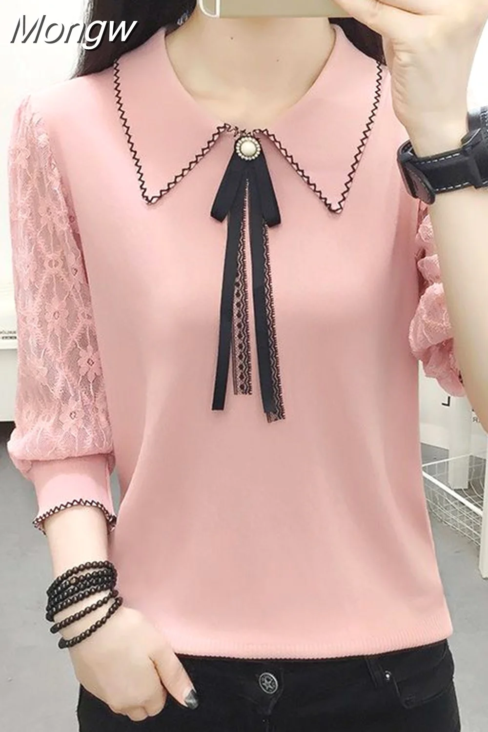 Mongw Peter Pan Collar Beading Lace Up Bow Lace Blouse Women's Clothing 2023 Autumn New Oversized Casual Pullovers Commute Shirt