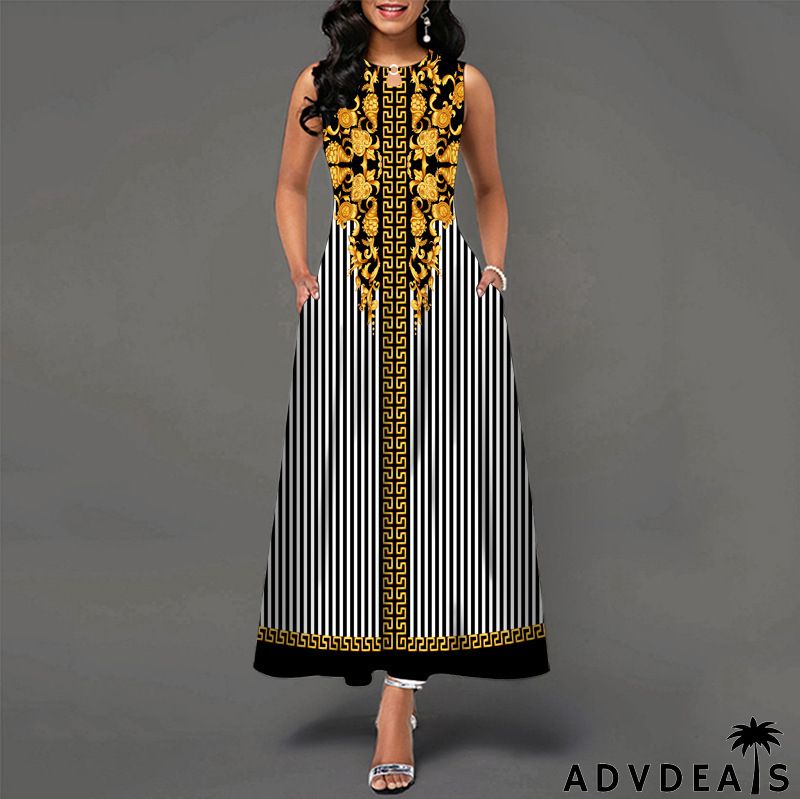 Women Fashion Plus Size Graphic Printing Sleeveless Swing Dress