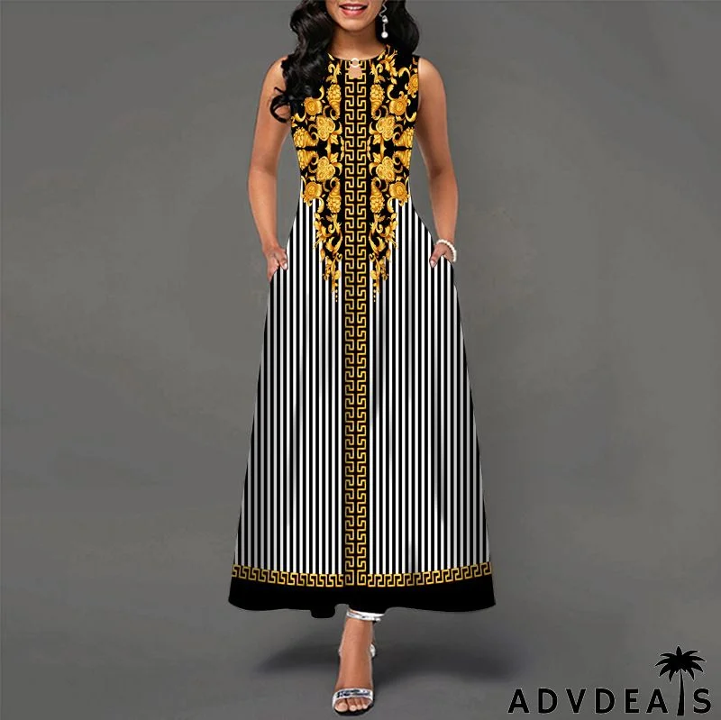 Women Fashion Plus Size Graphic Printing Sleeveless Swing Dress