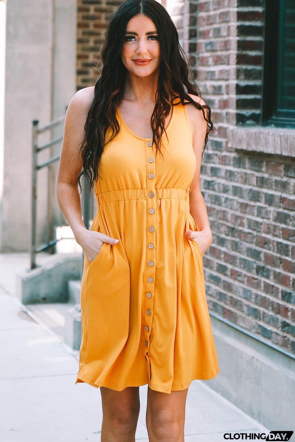 Buttons Sleeveless High Waist Mini Dress