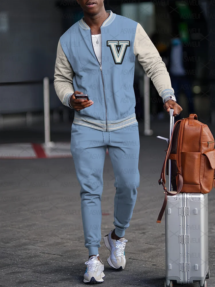 Men's fashion casual geometric print zipper jacket set