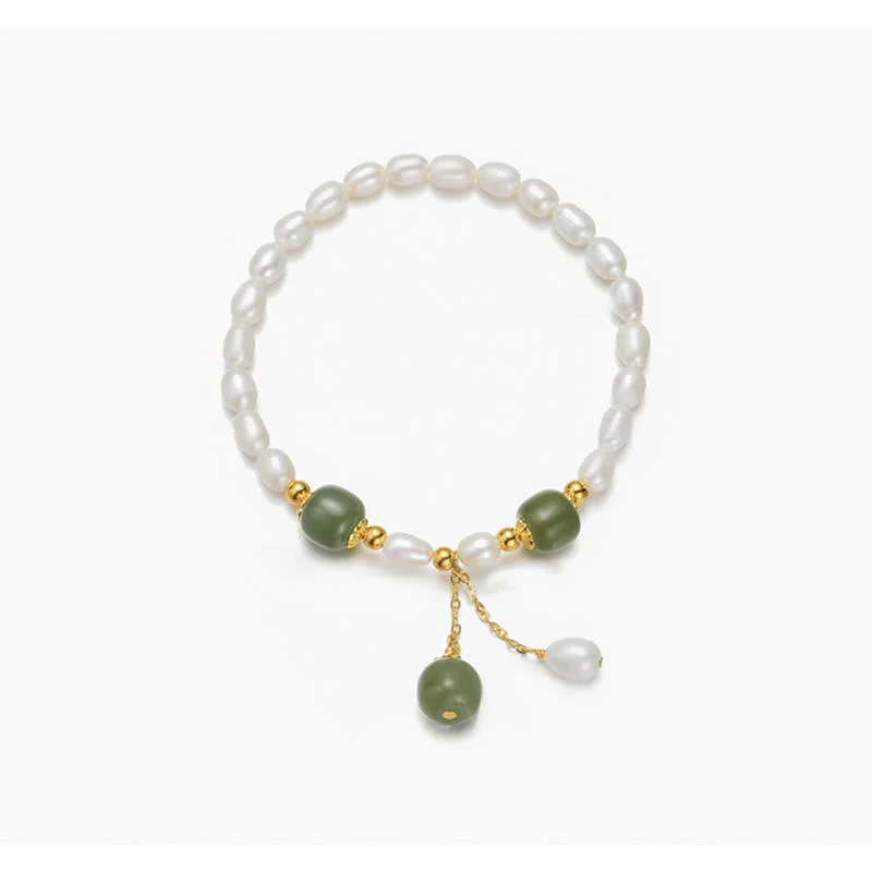 925 Sterling Silver Natural Pearl Hetian Jade Healing Bracelet