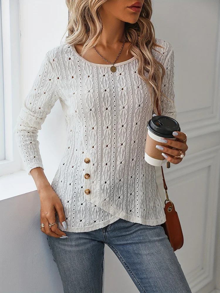 Women's 2024 Crew Neck Casual T-Shirt Long Sleeve Hollow Out White Shirt