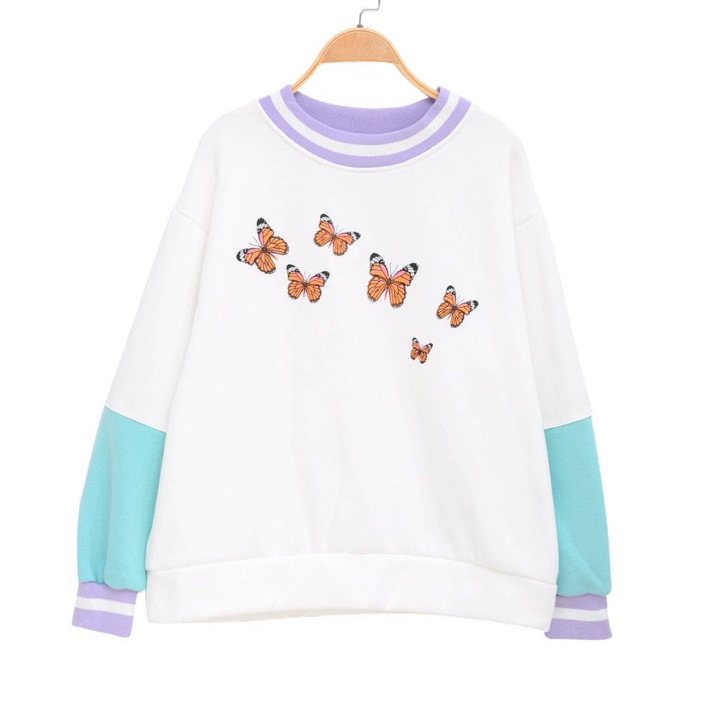 Womens Clothes Hoodies Sweatshirt Young Girls Cute Butterfly Loose Autunm Tops Women Long Sleeve Warm Fleece Pullover White Blue