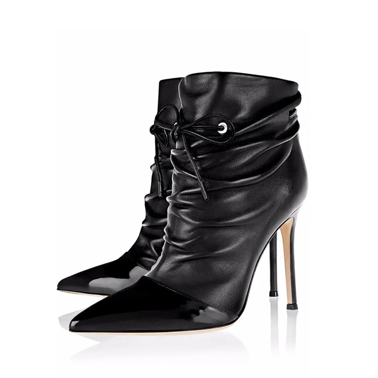 Black Slouch Boots Pointed Toe Stiletto Heel Booties for Women |FSJ Shoes