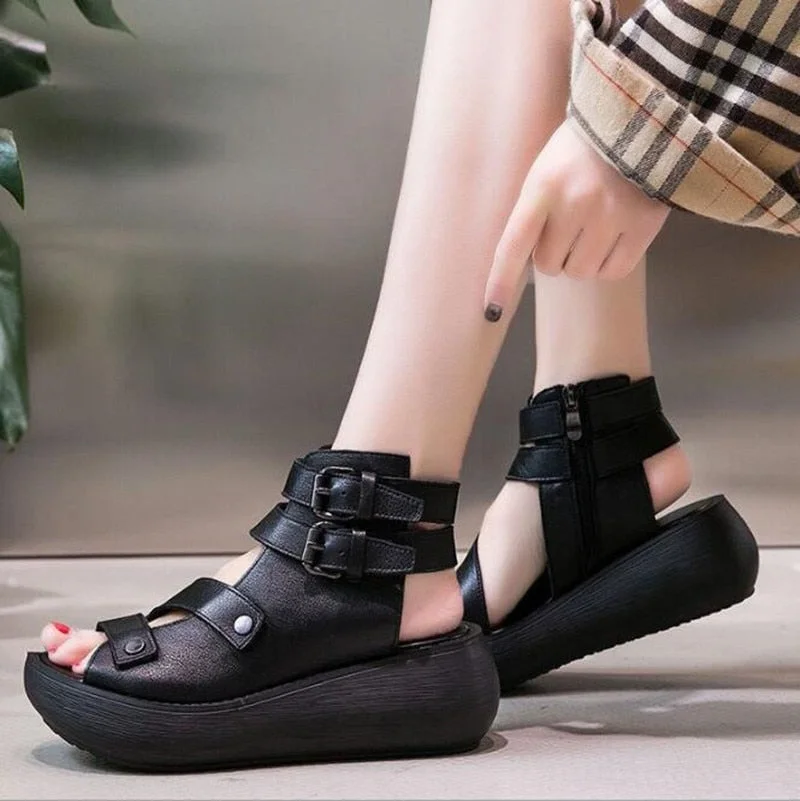 Vstacam  New 2022 Fish Mouth Gladiator Soft Pu Leather Luxury Summer Roman Shoes Platform Fashion Shoe Wedges Women Sandals 2022