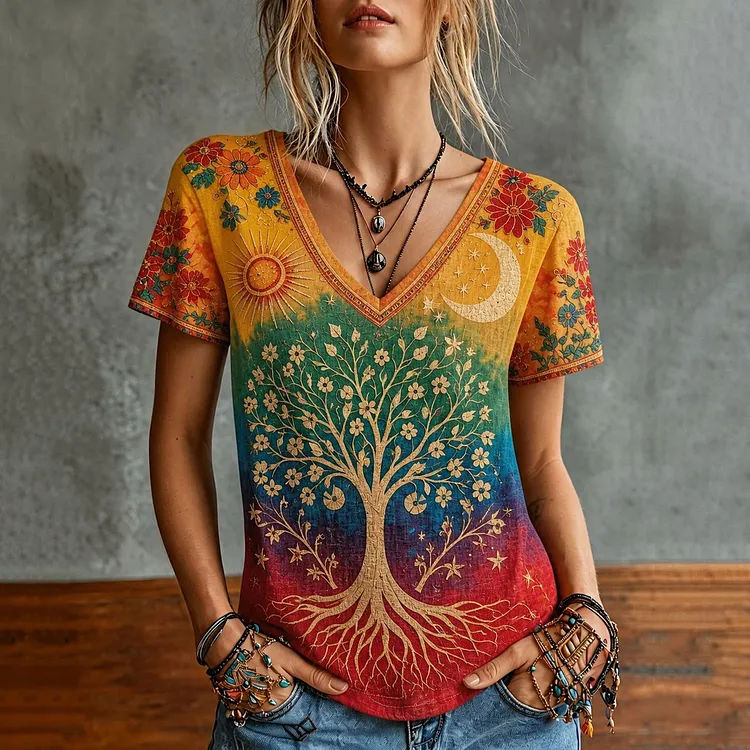 Women's Retro Hippie Tree Of Life Flower Embroidery Art V Neck Short Sleeve T-shirt