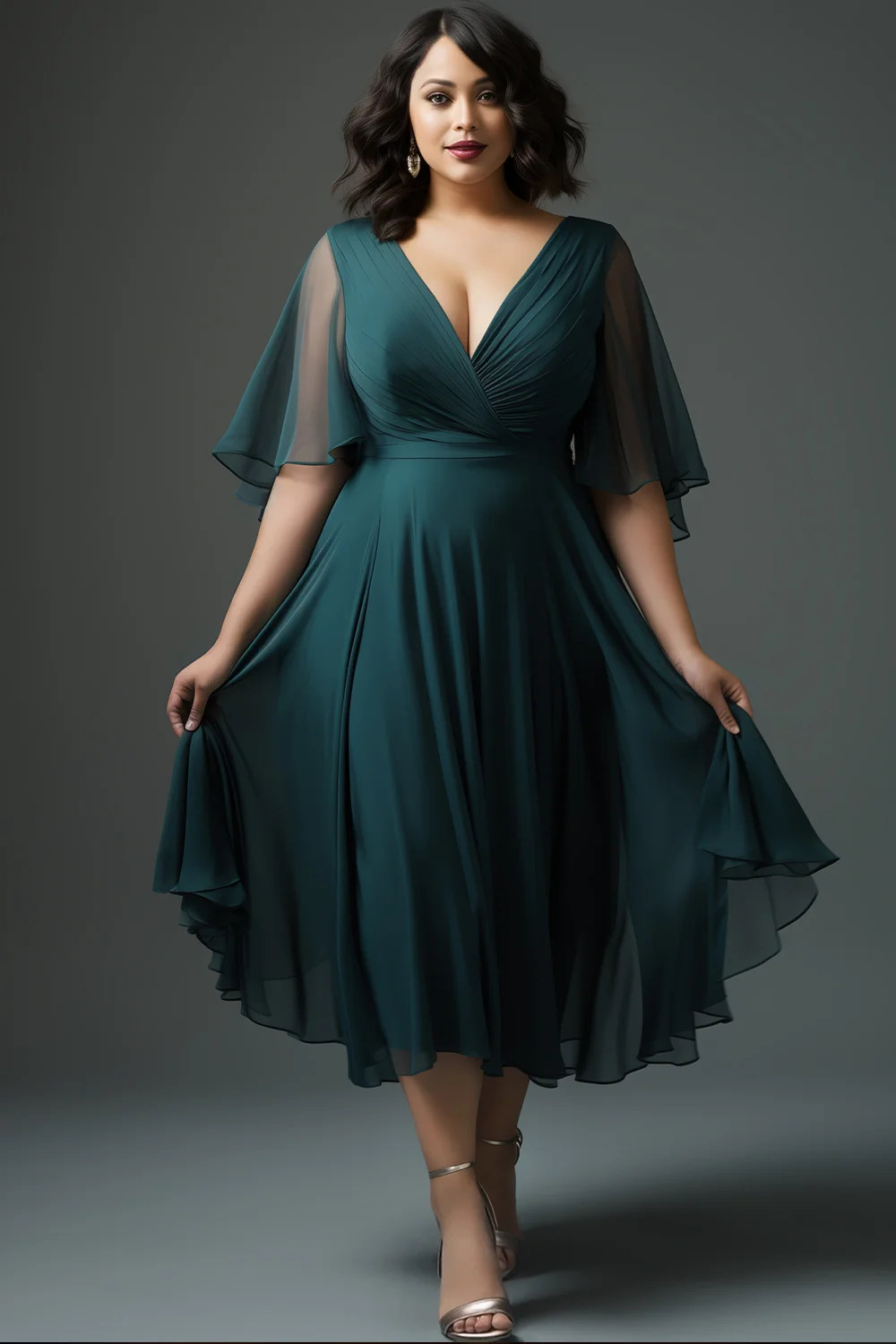 Flycurvy Plus Size Wedding Guest Dark Green Chiffon Wrap Flutter Sleeve Midi Dress- Flycurvy Flycurvy Plus Size Wedding Guest Dark Green Chiffon Wrap Flutter Sleeve Midi Dress- Flycurvy