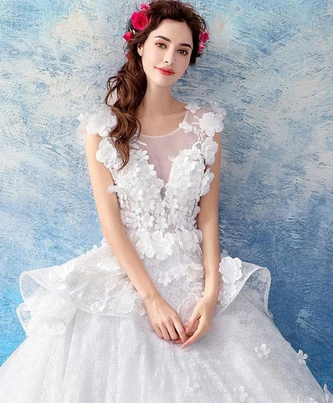 White Round Neck Lace Long Wedding Gown, Lace Wedding Dress