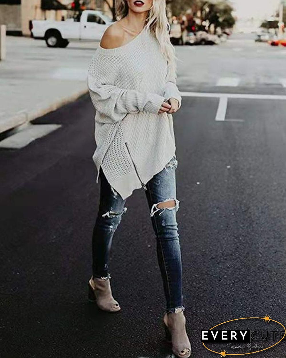 Solid Zipper Side Slit Batwing Sleeve Knit Sweater
