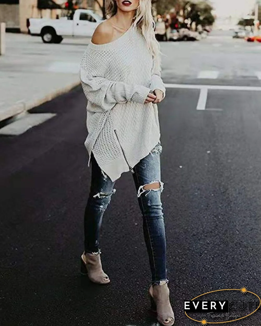 Solid Zipper Side Slit Batwing Sleeve Knit Sweater