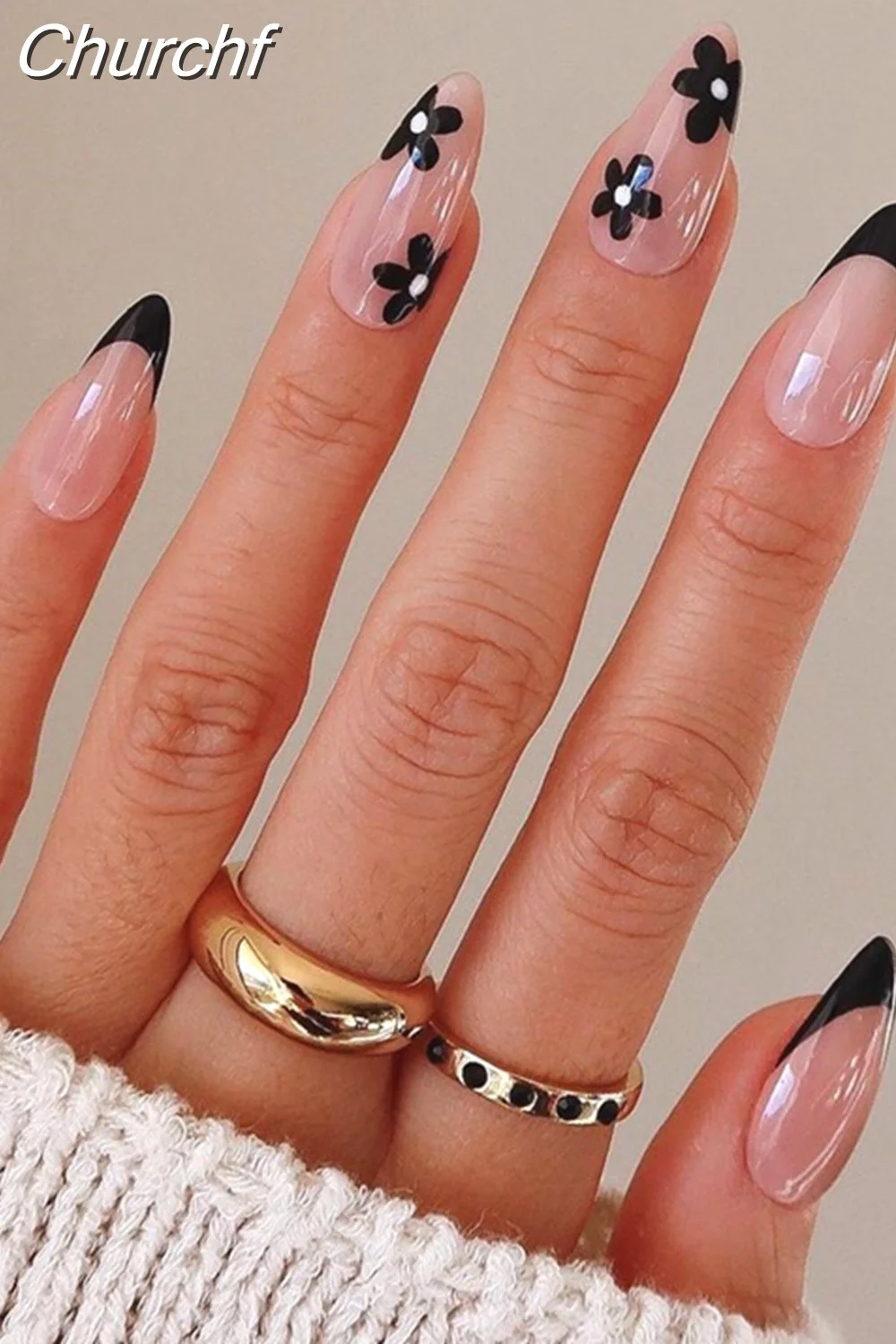 Churchf Short Almond Black Flower False Nail Finished Nail Patches French Stiletto Fake Nails Full Cover Nail Tips Press On Nail-Nail Inspo