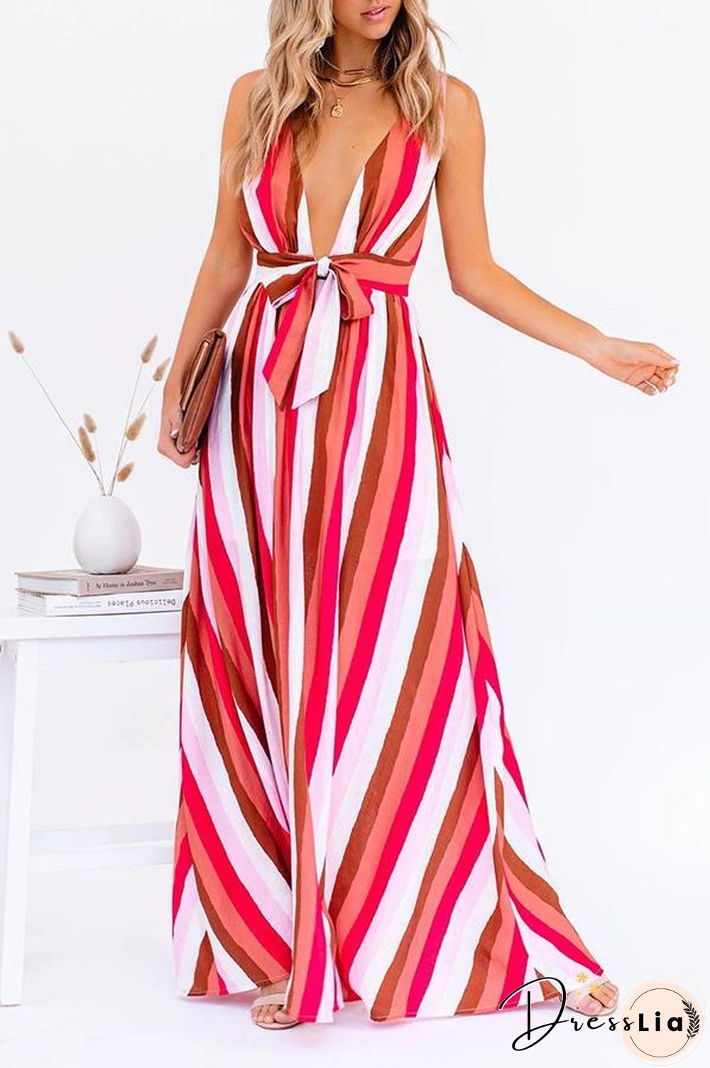 V-neck Striped Bow Multi-Length Dress P16361