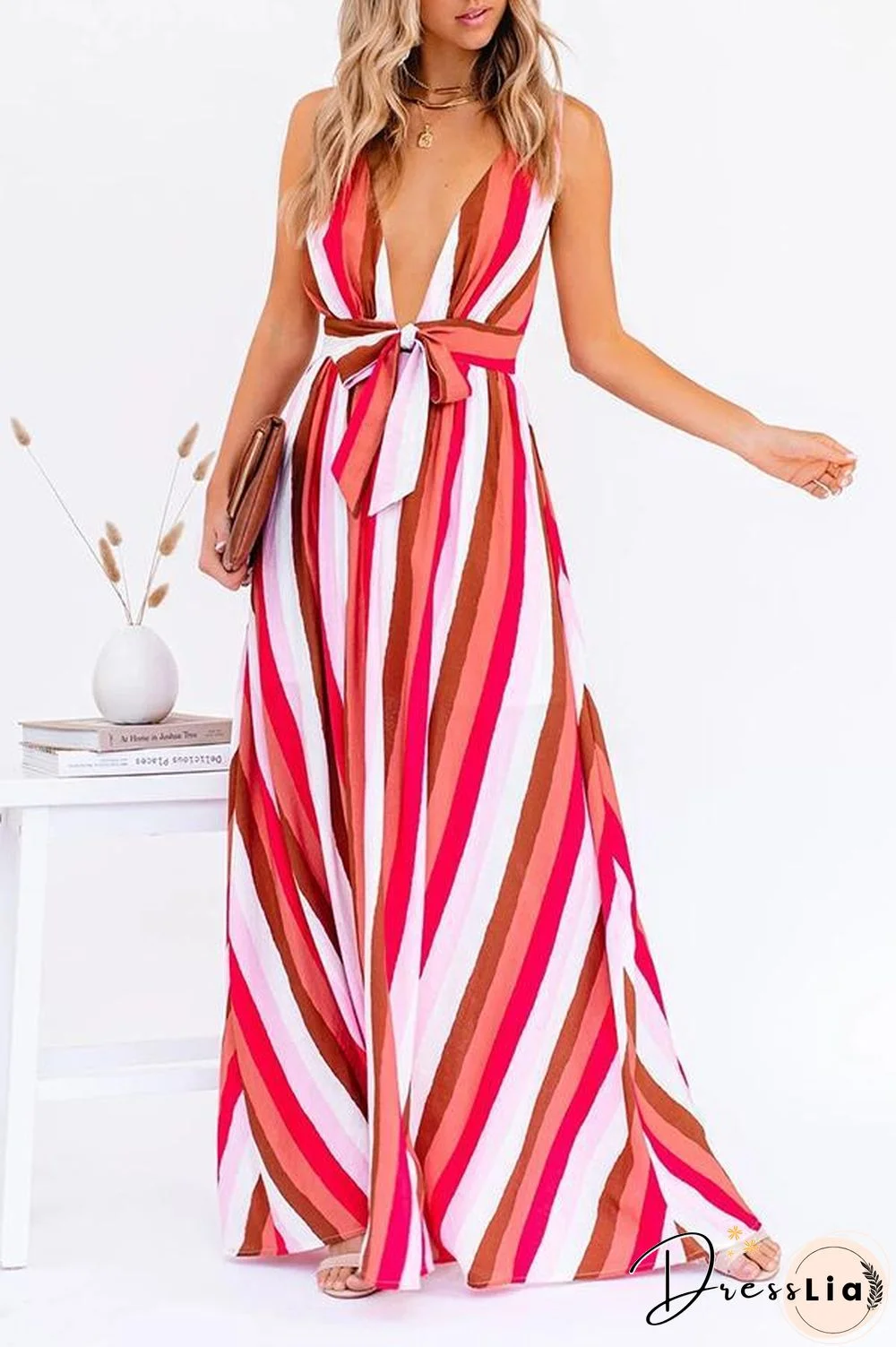 V-neck Striped Bow Multi-Length Dress P16361