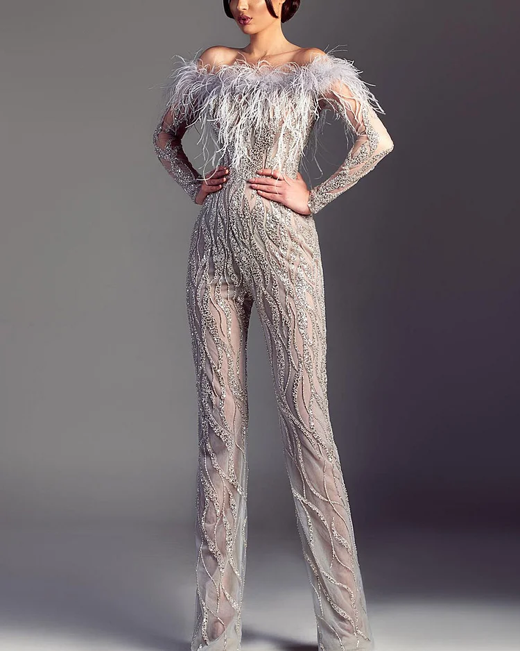 Feather-Embellished Sequined Jumpsuit