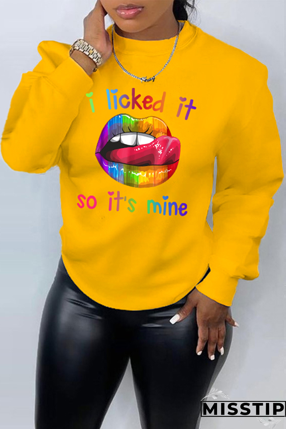 Yellow Street Lips Printed Patchwork Letter O Neck Tops