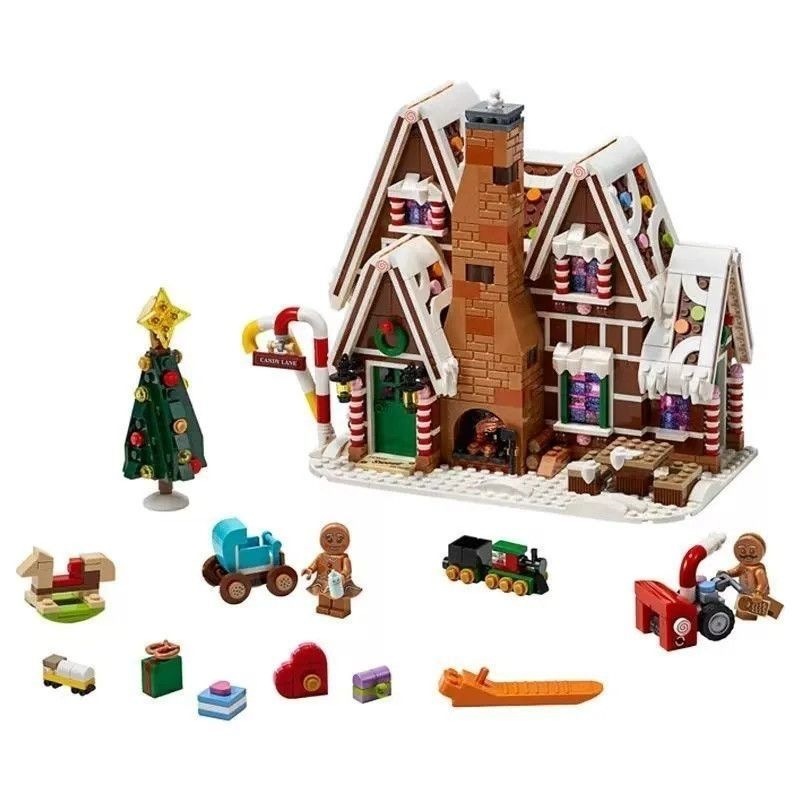 Christmas gingerbread house display model made from ABS bricks – cosy winter decoration for shelf or mantelpiece