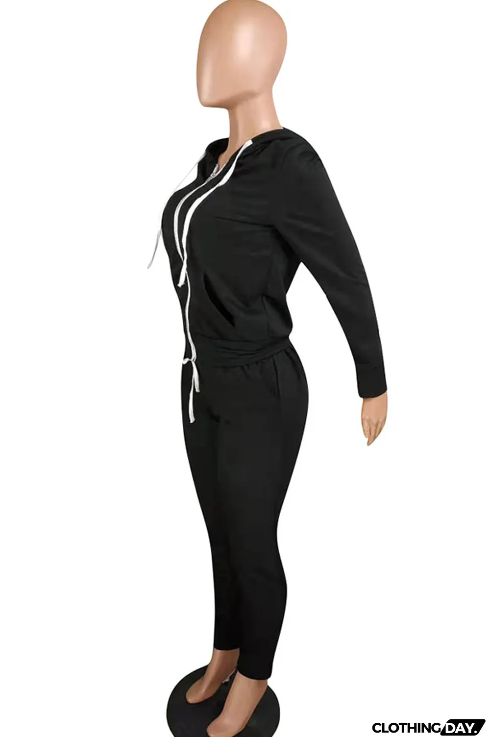 Black Polyester Casual Two Piece Suits Solid Patchwork pencil Long Sleeve Two-piece Pants Set