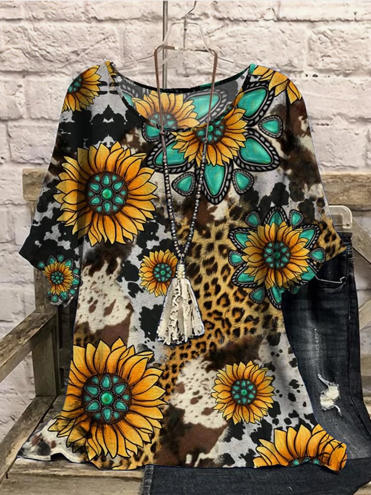 Women Short Sleeve Scoop Neck Floral Printed Stitching Women Tops