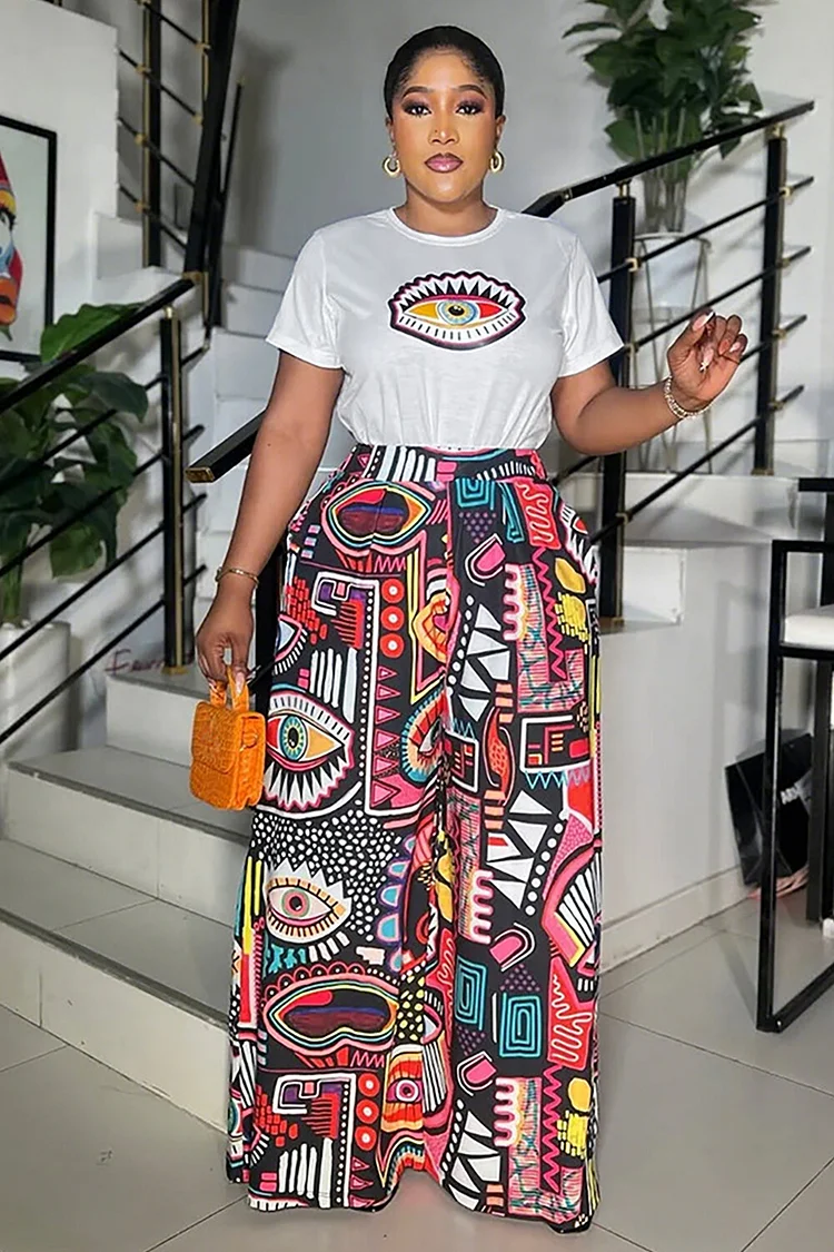 Short Sleeve T-shirt Tropical Print Wide Leg Pants Casual 2pcs Set-Green