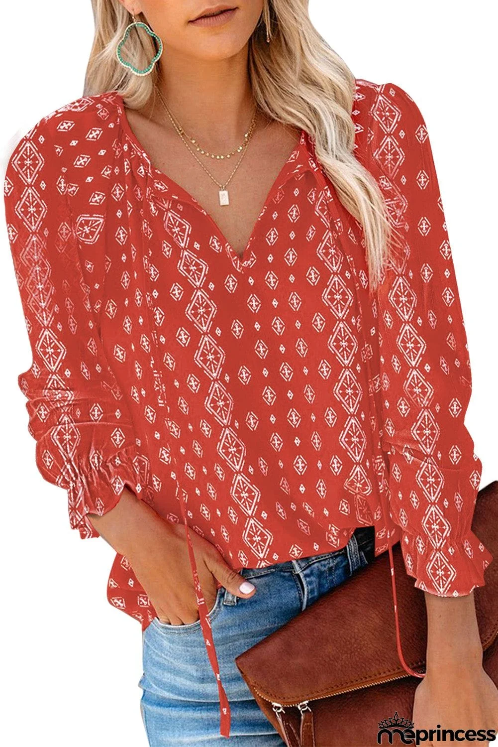 Printed Long Sleeve V-Neck Drawstring Shirt