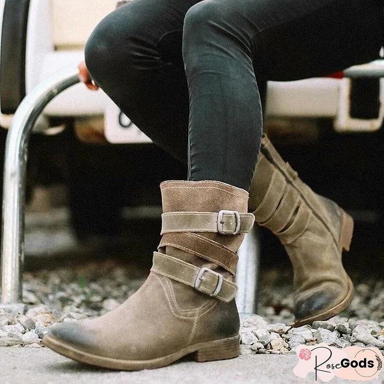 Mid-Calf Boots Zipper Adjustable Buckle Booties