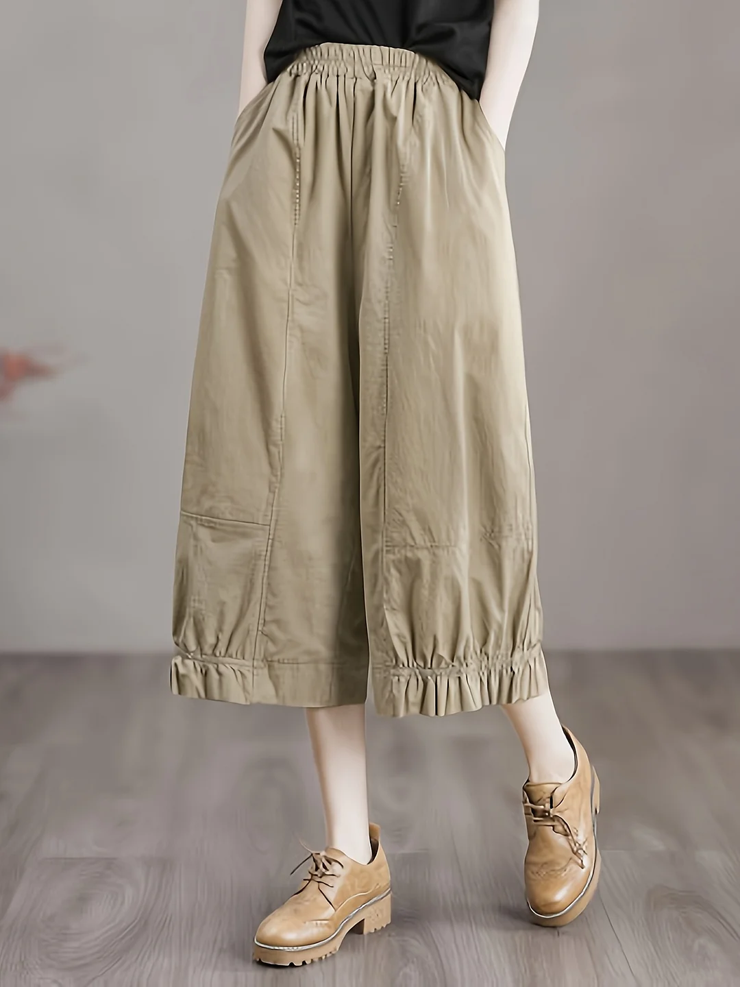 Women's Lightweight Beige Loose-Fit Casual Pants With Ruffled Hem And Elastic Waistband - Spring/Summer Collection, Machine Washable | IFYHOME