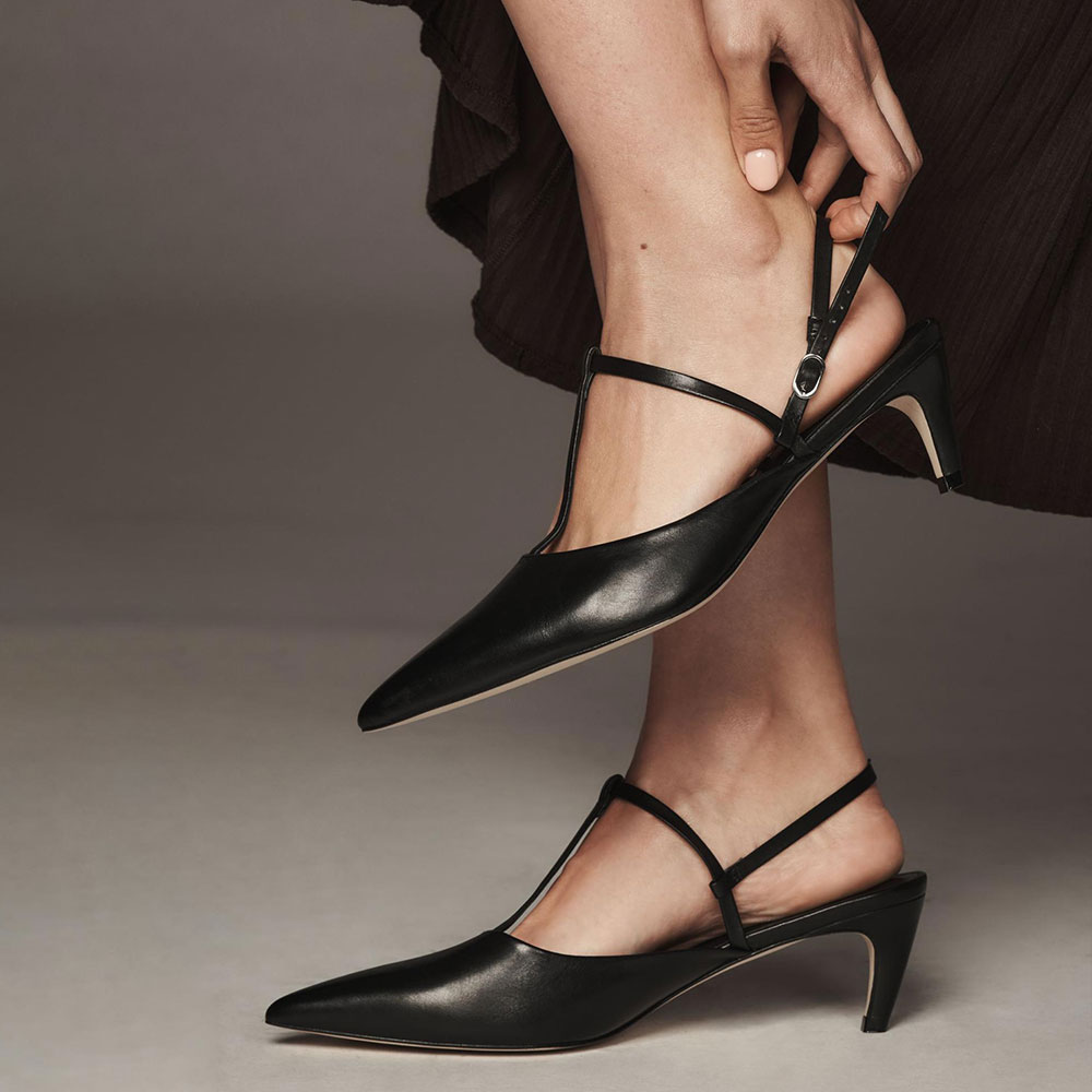 T-Strap Buckle Pointed Toe Kitten Heel Slingback Pumps in Black Nicepairs