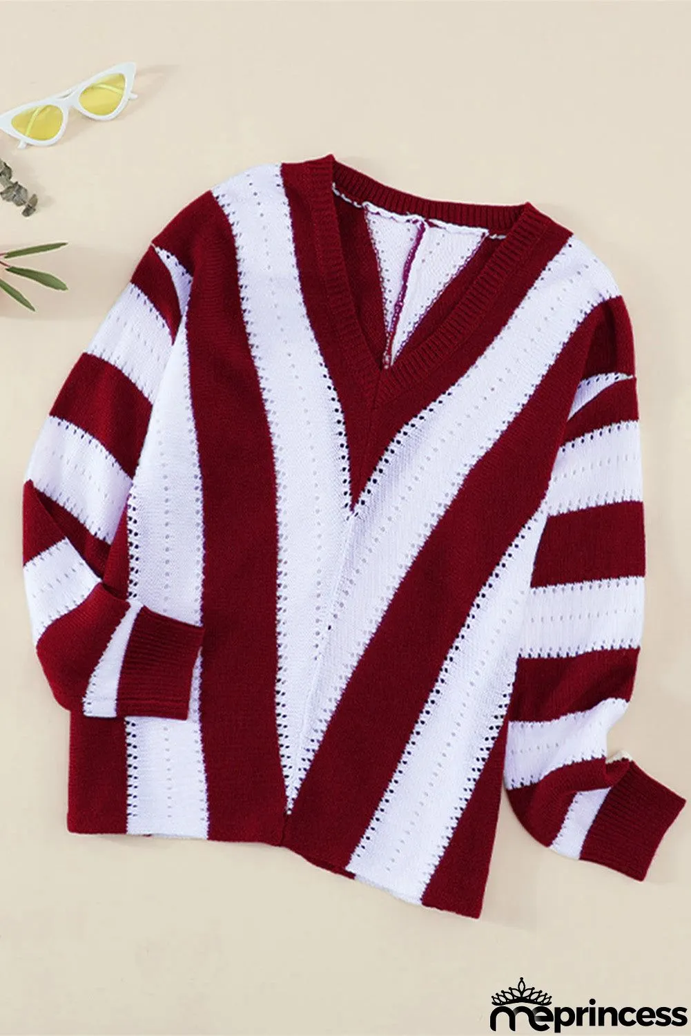 Casual Red Striped Colorblock V Neck Knitted Sweater