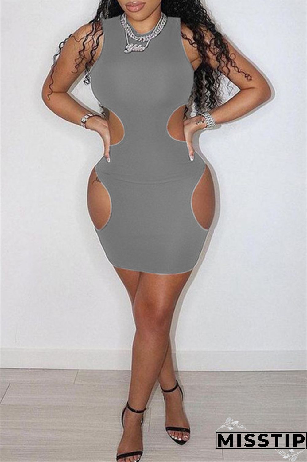 Grey Fashion Sexy Solid Hollowed Out O Neck Sleeveless Dress