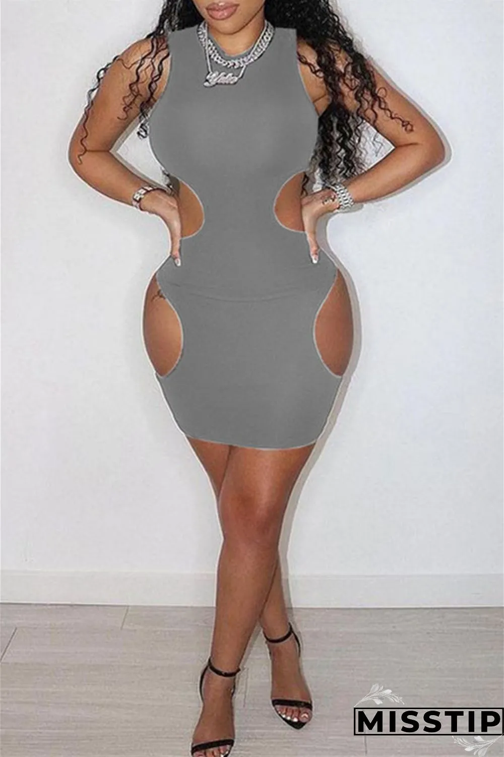 Grey Fashion Sexy Solid Hollowed Out O Neck Sleeveless Dress