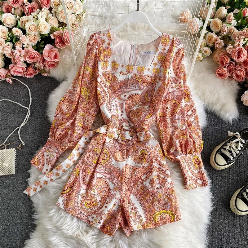 Spring Autumn New Square-neck One-piece Women's Trousers Ethnic Style Printed Lantern Sleeves Lace Up Thin Wide-leg Pants UK628
