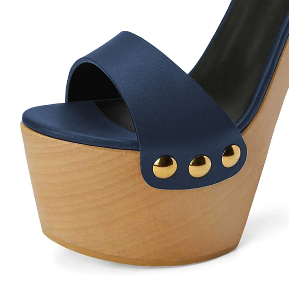 Navy Open-Toe Ankle Strap Studded Platform Sandals with Chunky Heels