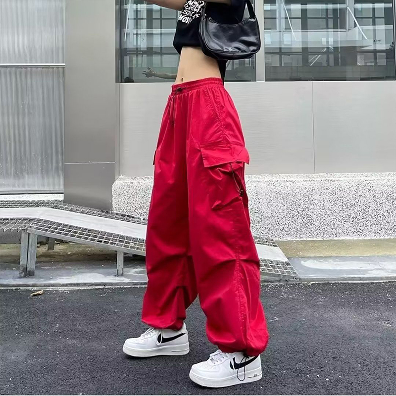 Women's Casual Solid Color Street Drawstring Loose Wide Leg Straight Leg Cargo Pants